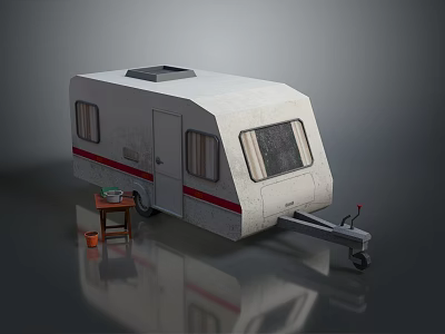 White Caravan With Gray Roof Red Stripe Windows Door Near Small Table And Bucket 3d model