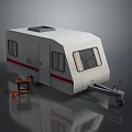 White Caravan With Gray Roof Red Stripe Windows Door Near Small Table And Bucket