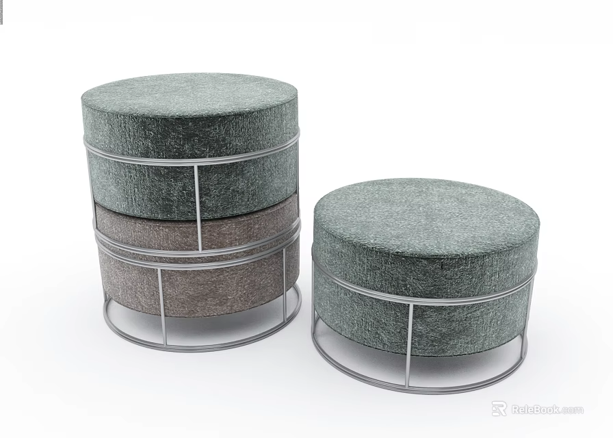 Set of Two Round Green Brown Upholstered Ottoman with Metal Frame Modern Design 3d model 