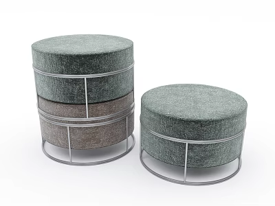 Set of Two Round Green Brown Upholstered Ottoman with Metal Frame Modern Design 3d model