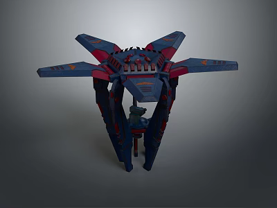 Detailed Sci Fi Aircraft Toy Model Featuring Blue Red Wings And Stand Base 3d model