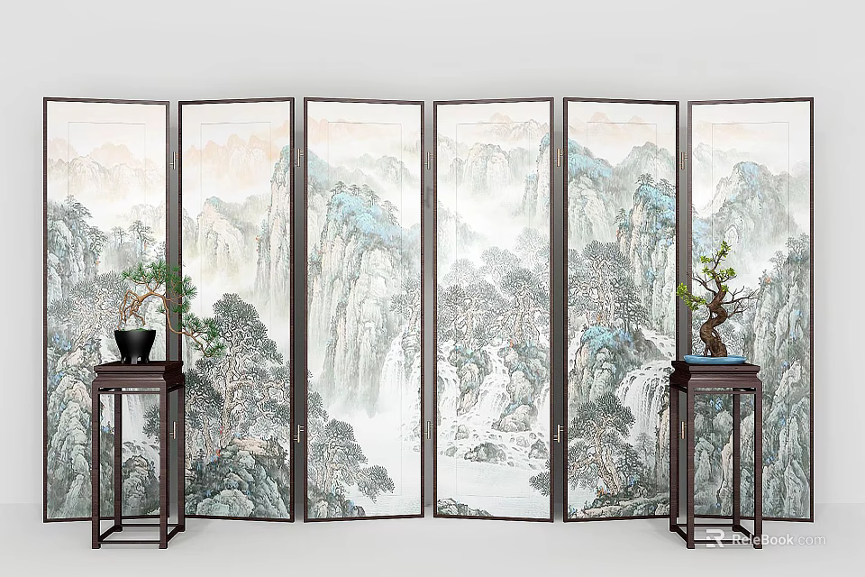 Six Panel Wooden Screen With Chinese Landscape Paintings And Side Tables Holding Potted Plants 3d model 