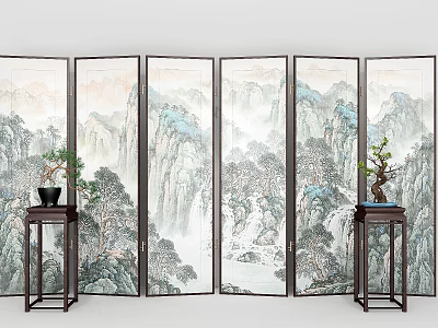 Six Panel Wooden Screen With Chinese Landscape Paintings And Side Tables Holding Potted Plants 3d model