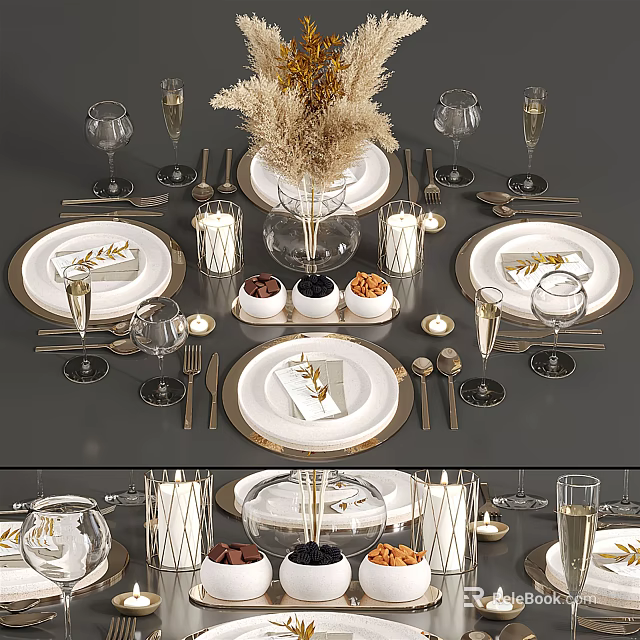 Elegant Formal Dining Tableware Set With Gold Rim Plates Glasses Cutlery And Candles 3d model 