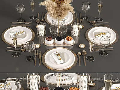 Elegant Formal Dining Tableware Set With Gold Rim Plates Glasses Cutlery And Candles 3d model