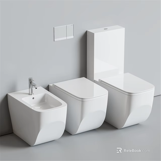 Modern White Toilets And Sink In Elegant Minimalist Bathroom Design 3d model 