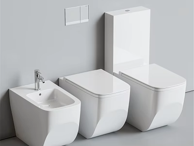 Modern White Toilets And Sink In Elegant Minimalist Bathroom Design 3d model