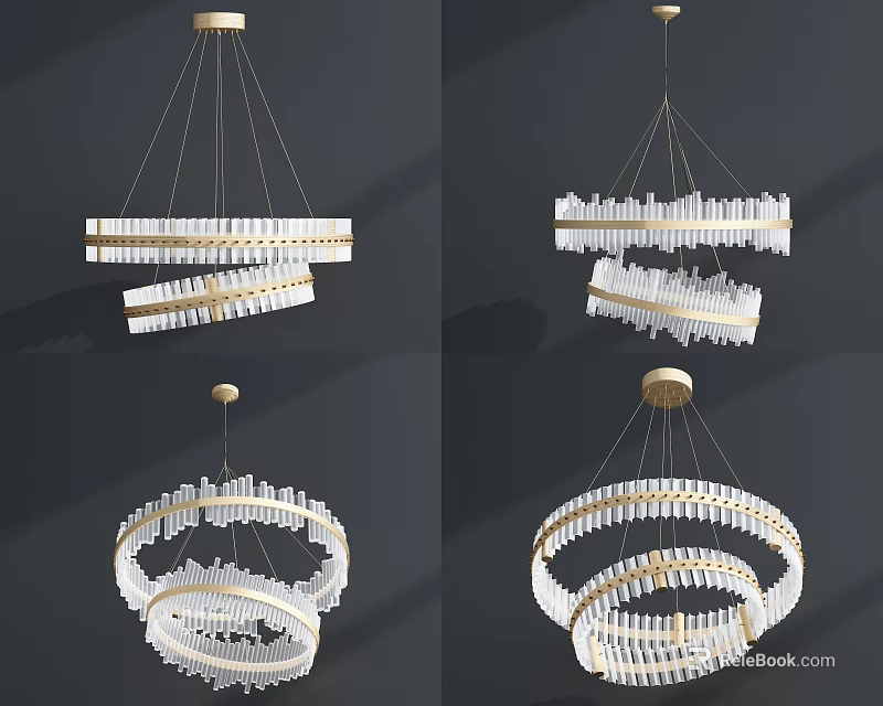 Elegant Modern Crystal Chandelier With Multi Layer Gold Frame And Crystal Strips 3d model 