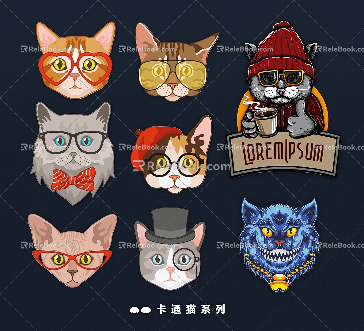 Cartoon Cat Cat Pet Cat Glasses Cat Animal Head Cute Decorative Elements Illustration Pattern 3d model