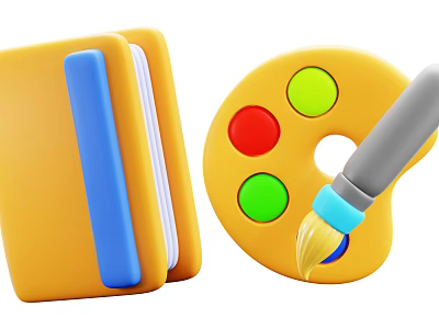 Colorful Musical Instruments And Art Supplies With Palette Paintbrush And Sketchbook 3d model