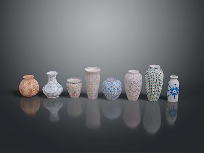 Diverse Decorative Ceramic Vases Display Featuring Various Patterns And Shapes 3d model