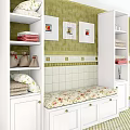 White Bathroom Cabinet Shelves With Green Tiled Wall Floral Cushion Towels And Framed