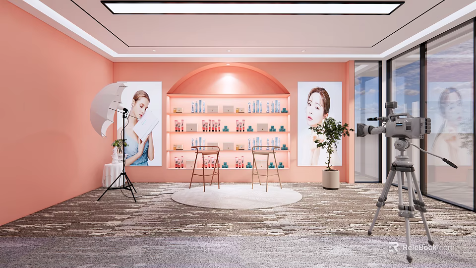 Public Office Space With Pink Walls Portrait Posters Product Shelves And Photography Equipment 3d model 
