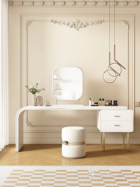 Elegant White Dressing Table With Round Mirror Pendant Lights Stool And Cosmetics 3d model