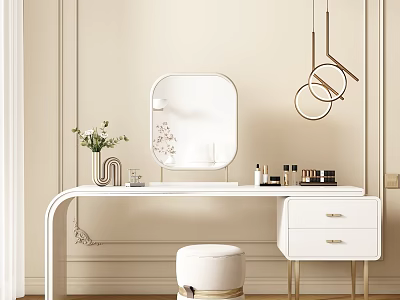 Elegant White Dressing Table With Round Mirror Pendant Lights Stool And Cosmetics 3d model