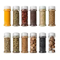 Glass Spice Jars With Various Spices Arranged In Rows On White Background