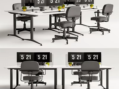 Modern Office Desks With Ergonomic Chairs Digital Screens And Potted Plants 3d model