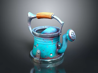 Blue Kettle With Wooden Handle Metal Perforated Body And Silver Spout Design 3d model