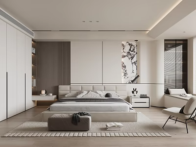 Modern Bedroom Interior With Large Bed White Wardrobe Decorative Artwork Accent Chair And Rug 3d model