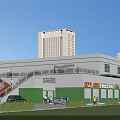 Modern Commercial Shopping Street With Multi level Buildings Storefronts Pedestrians Parked Cars And Green Hedges