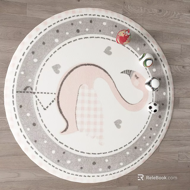 Round Gray And White Rug With Pink Dinosaur Heart Patterns For Kids Room 3d model 