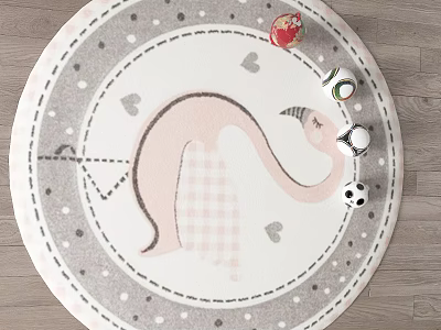 Round Gray And White Rug With Pink Dinosaur Heart Patterns For Kids Room 3d model