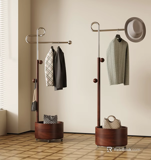 Modern Wooden Base Metal Rod Clothes Rack with Hanging Coat Sweater Hat Handbag in Basket 3d model 