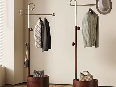 Modern Wooden Base Metal Rod Clothes Rack with Hanging Coat Sweater Hat Handbag in Basket 3d model