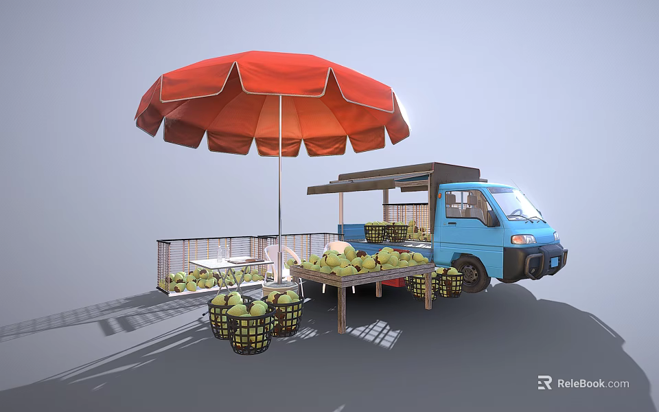 Outdoor Fruit Stand With Blue Truck Red Umbrella And Green Apple Baskets 3d model 