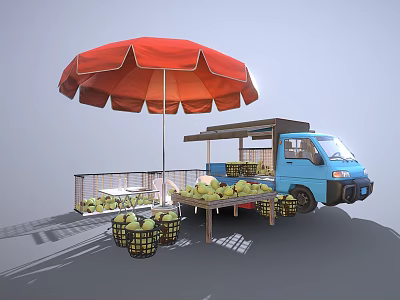 Outdoor Fruit Stand With Blue Truck Red Umbrella And Green Apple Baskets 3d model