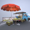 Outdoor Fruit Stand With Blue Truck Red Umbrella And Green Apple Baskets