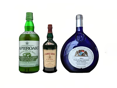Stylish Whiskey Bottles In Different Colors Featuring Laphroaig And Jameson 3d model