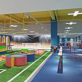 Modern Sports Fitness Training Facility With Colored Floor Markings And Hanging Lights