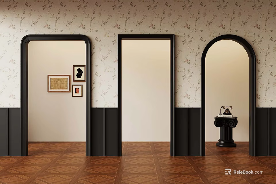 Interior Scene With Three Doorways Patterned Wallpaper Brown Diamond Floor Decorative Paintings And Small Table 3d model 