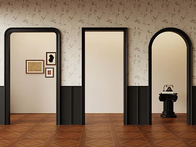 Interior Scene With Three Doorways Patterned Wallpaper Brown Diamond Floor Decorative Paintings And Small Table 3d model