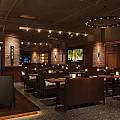 Modern Industrial Grill Restaurant With Open Layout Wooden Tables Bar Counter And Hanging Lights