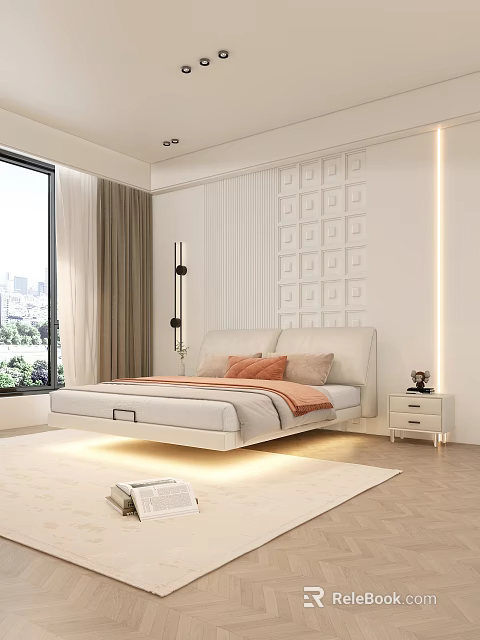 Modern Floating Double Bed With White Geometric Panel Wall LED Lighting And Bedside Table 3d model 