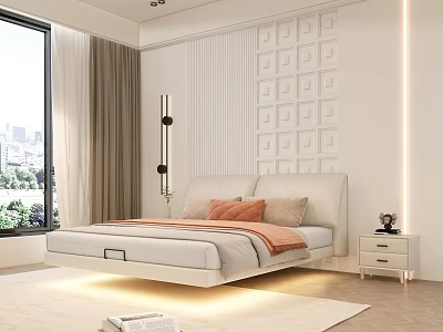 Modern Floating Double Bed With White Geometric Panel Wall LED Lighting And Bedside Table 3d model
