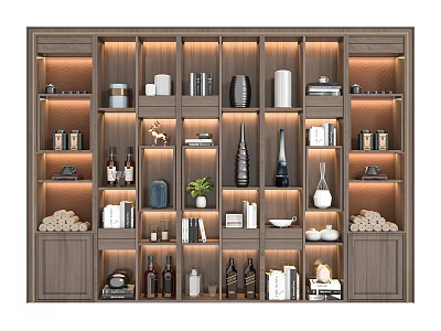Elegant Wooden Decorative Cabinet With Lighting And Display Items Like Bottles Books Vases 3d model