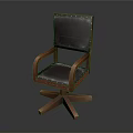 Classic Wooden Frame Chair With Dark Leather Upholstery Riveted Details And Swivel Base