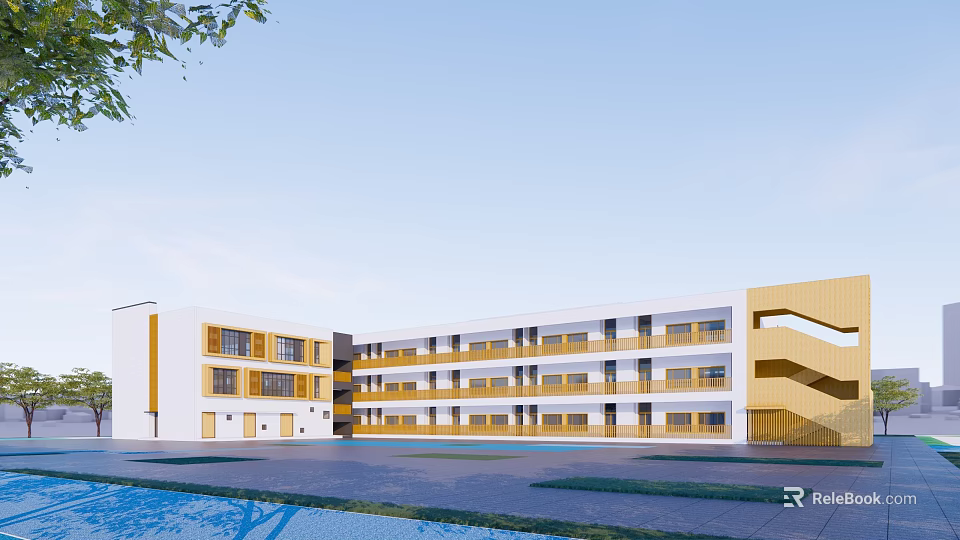 Modern School Building With White Yellow Facade Multiple Floors And Open Courtyard 3d model 