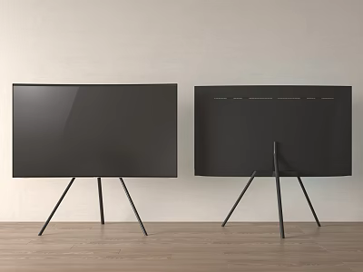 Two Black Modern TVs with Tripod Stands on Wooden Floor Against Neutral Wall 3d model