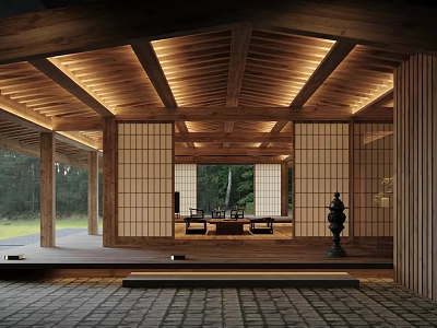 Traditional Tea House Interior Design With Wooden Ceiling Shoji Screens And Natural View 3d model