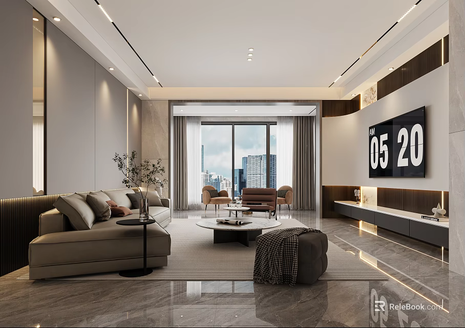 Modern Living Dining Room Interior With Sofa Coffee Table And City View Windows 3d model 