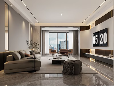 Modern Living Dining Room Interior With Sofa Coffee Table And City View Windows 3d model