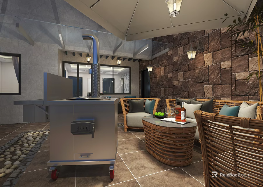 Cozy Garden Landscape With Wicker Sofas Round Coffee Table Mobile Kitchen Unit And Stone Wall 3d model 
