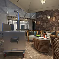 Cozy Garden Landscape With Wicker Sofas Round Coffee Table Mobile Kitchen Unit And Stone Wall