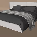 Modern Double Bed with White Headboard Black Bed Sheets Plaid Blanket and Small Nightstand 3d model