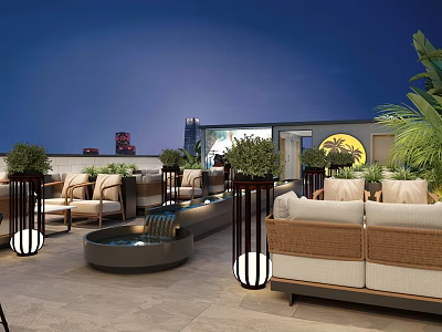 Rooftop Bar Outdoor Seating With Green Plants Water Feature And City Night View 3d model