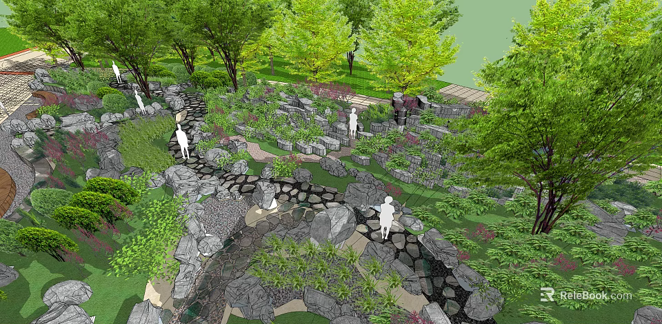 Park Landscape Design With Lush Trees Stone Pathways And Greenery Elements 3d model